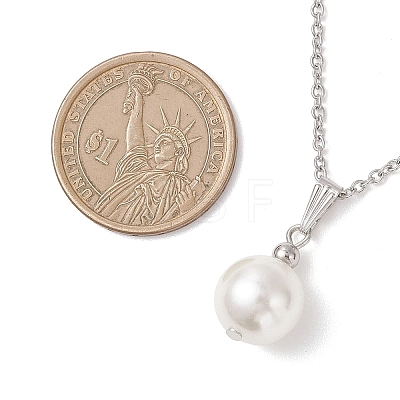 Shell Pearl White Round Pendant 304 Stainless Steel Cable Chain Necklaces for Women NJEW-JN05760-01-1