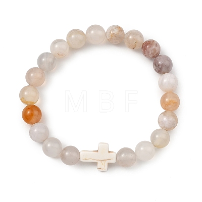 Natural Cherry Blossom Agate & Synthetic Turquoise Cross & Round Beaded Stretch Bracelets for Women Men BJEW-JB13926-01-1