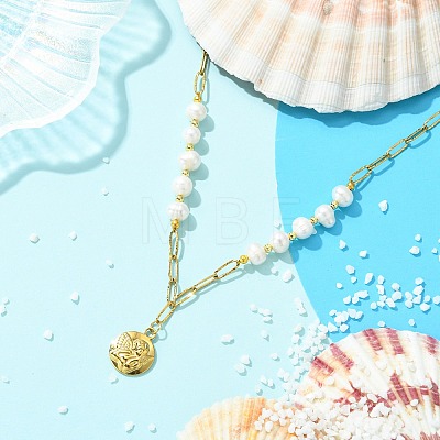 304 Stainless Steel Angel Coin Pendant Paperclip Chain & Potato Natural Pearl Beaded Necklaces for Women NJEW-JN06053-1