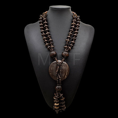 Boho Coconut & Wood Handmade Ethnic Donut Pendant Long Tassel Beaded Necklaces for Beach Vacation WGD9A0D-02-1