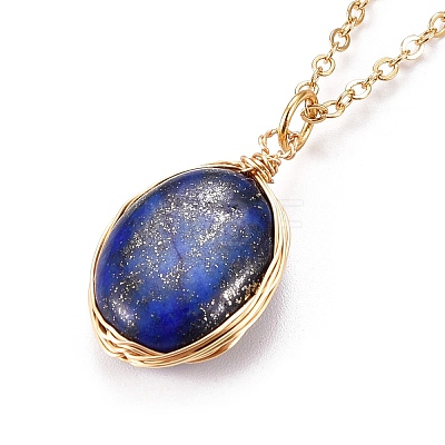 Natural Lapis Lazuli Wire Wrapped Pendant Necklaces X-NJEW-JN03080-03-1