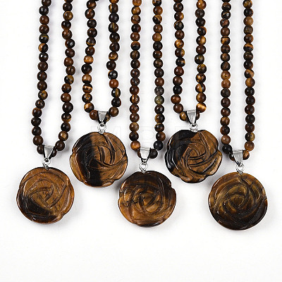 Natural Tiger Eye 4.5mm Round Beaded Flower Pendant Necklaces NJEW-T016-04I-1