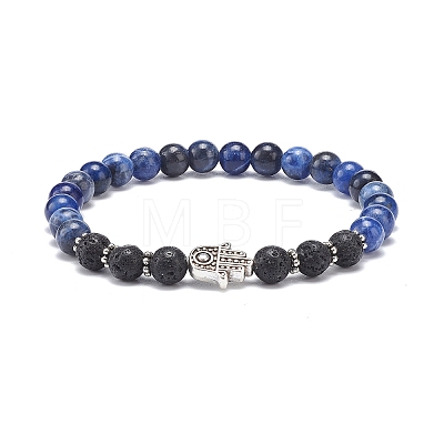 5Pcs 5 Style Natural Lava Rock & Sodalite Stretch Bracelets Set with Alloy Hamsa Hand Beaded BJEW-JB08737-1