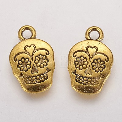 Mexico Holiday Day of the Dead Sugar Skull Tibetan Style Alloy Metal Pendants X-TIBEP-21061-AG-FF-1