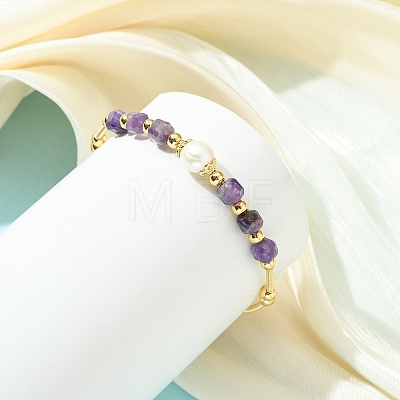 Natural Amethyst & Freshwater Pearl Beaded Copper French Wired Cuff Bangles for Women BJEW-JB13987-02-1