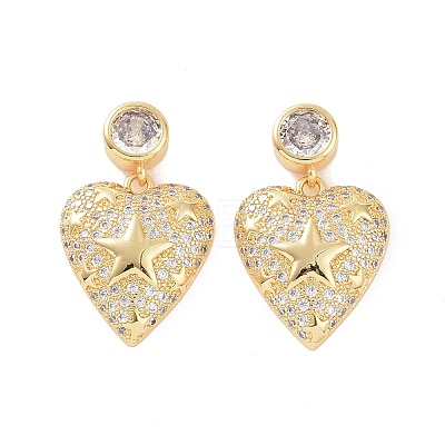 Clear Cubic Zirconia Heart with Star Dangle Stud Earrings EJEW-P224-10G-1