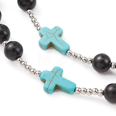 Synthetic Turquoise & Wood Rosary Bead Necklace NJEW-JN04431-1