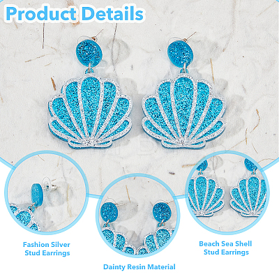 FIBLOOM 4 Pairs 4 Colors Sparkling Resin Shell Shape Dangle Stud Earrings for Women EJEW-FI0001-67-1