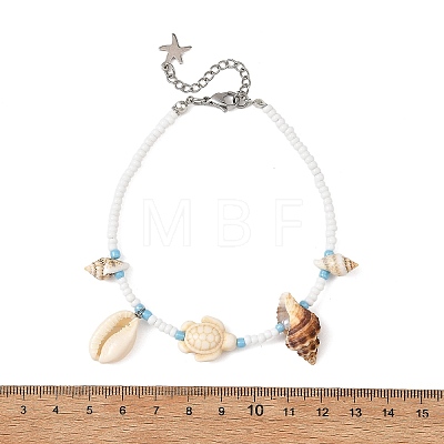 Ocean Natural Mixed Shell & Synthetic Turquoise Turtle & Glass Seed Beaded Anklets for Women AJEW-AN00860-1