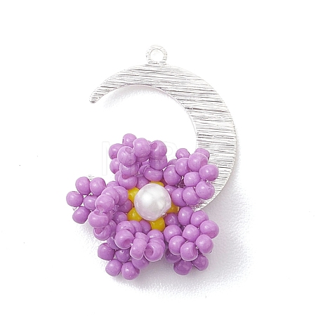 Glass Seed Beaded Moon & Flower Pendants PALLOY-MZ01185-01-1