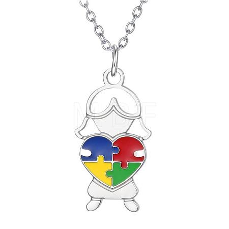 304 Stainless Steel Enamel Autism Awareness Girl Pendant Necklaces WGE6A57-04-1