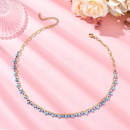Dyed Faceted Round Natural Magnesite and Glass Seed Beaded Necklaces NJEW-MZ00155-1