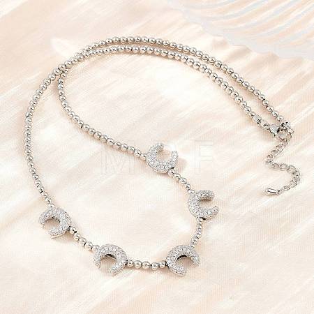 Brass Micro Pave Clear Cubic Zirconia Double Horn and Round Beaded Necklaces KK-CBA4547-06P-1