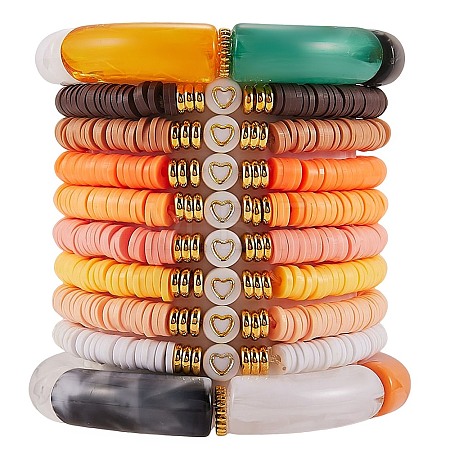 10Pcs 10 Style Handmade Polymer Clay Heishi Beaded Stretch Bracelets Set with Heart BJEW-SW00036-01-1