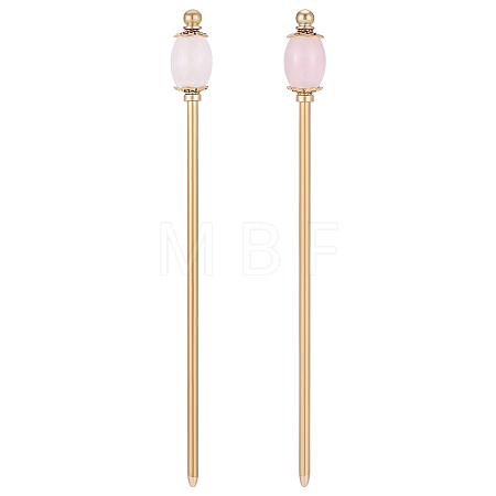 2Pcs Natural Rose Quartz Barrel Bead with Brass Hair Sticks OHAR-PH00014-1