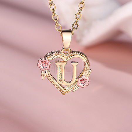 Brass Rose Flower Heart with Letter Pendant Necklaces FS-WGF6950-21-1