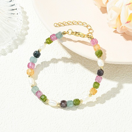 Natural Multicolor Tourmaline & Brass Beaded Bracelets for Women BJEW-JB13959-1