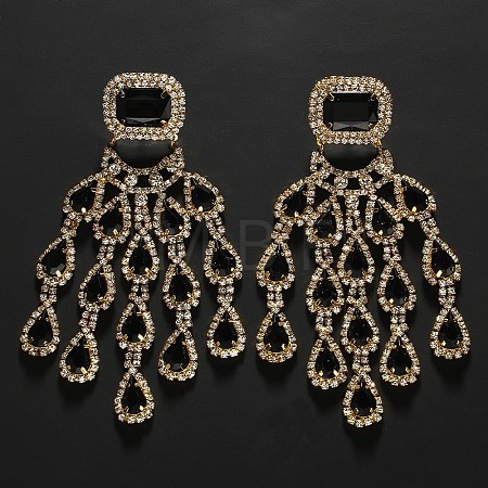 Rectangle with Teardrop Brass Rhinestone Dangle Stud Earrings FS-WG1781C-02-1