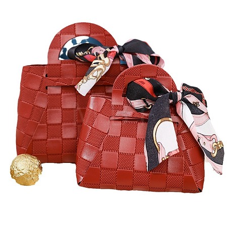 Tartan PU Leather Candy Gift Tote Bags with Ribbon(Random Pattern) CON-WH20002-16A-1
