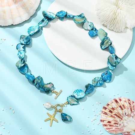 Summer Beach Alloy Starfish Pendant Dyed Natural Freshwater Shell Nuggets Beaded Necklaces for Women NJEW-JN06334-1