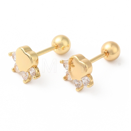 Paw Print Bow Brass Micro Pave Clear Cubic Zirconia Ear Plug Gauges EJEW-L289-03G-02-1