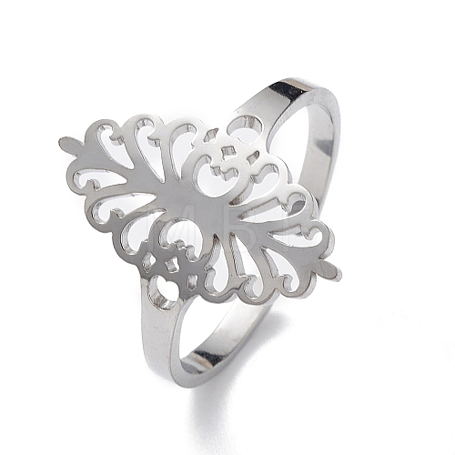 Hollow Out Leaf 304 Stainless Steel Open Cuff Ring for Women RJEW-E073-08P-1