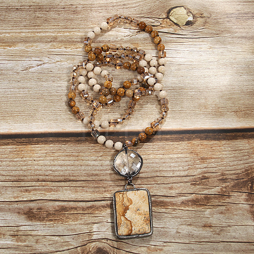 Rectangle & Flat Round Bohemian Style Natural Picture Jasper with Glass Pendant Necklaces FS-WGEA5B3-01-1