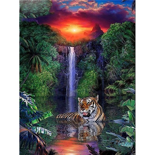 DIY Rectangle Forest Tiger Waterfall Scenery Theme Diamond Painting Kits PW-WG20335-09-1