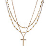 304 Stainless Steel Religion Cross Pendant Glass Seed Beaded 3 Layer Necklaces for Women WI3210-5