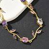 Brass Micro Pave Cubic Zirconia Oval & Leaf Link Chain Bracelets for Women BJEW-G764-05G-01-2