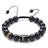 10MM Natural Black Onyx(Dyed & Heated) and Tiger Eye Alphabet Round Braided Bead Adjustable Bracelets for Women DM6424-6-1