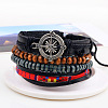 Adjustable Compass Alloy Braided Leather Cord Wooden Beaded Multi-strand Bracelets BJEW-P0001-18-3