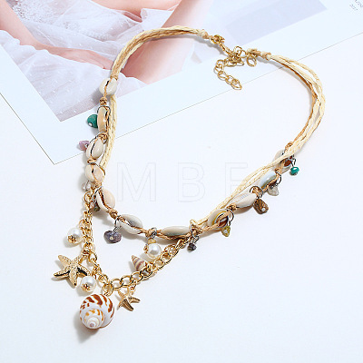 Bohemian Natural Shell & Alloy Starfish & Plastic Pearl Pendant Raffia Cord Double Layer Necklaces for Women FS-WG267BD-02-1