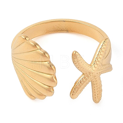 Ion Plating(IP) 304 Stainless Steel Shell & Starfish Shape Open Cuff Rings for Women RJEW-Z057-04G-1