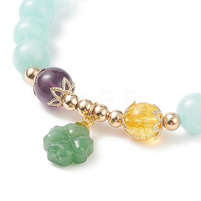 Gemstone Round Beaded Stretch Bracelet with Glass Clover Charms for Women BJEW-JB09091-1