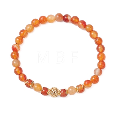 Natural Red Agate & Brass Round Beaded Stretch Bracelets for Women BJEW-JB12265-01-1
