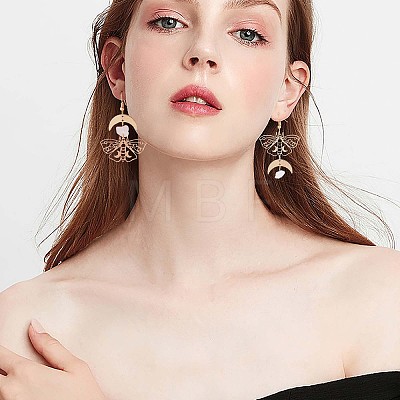 Alloy Moth with Natural Quartz Crystal Beaded Long Dangle Earrings JE985A-1