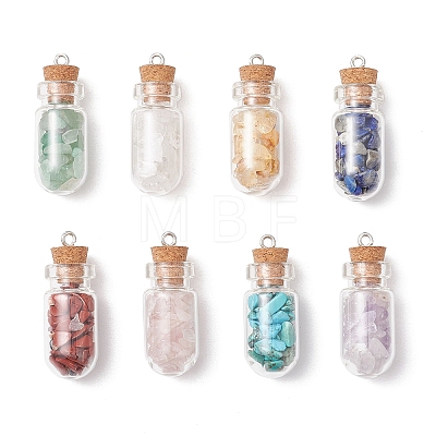 8Pcs 8 Styles Synthetic Turquoise & Natural Green Aventurine & Citrine & Rose Quartz & Lapis Lazuli & Quartz Crystal & Amethyst & Red Jasper Chip Glass Bottle Pendants PALLOY-JF04073-1