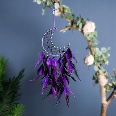 Moon Woven Web/Net with Feather Wall Hanging Decorations PW-WG67276-01-1