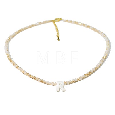 Natural White Shell Letter Faceted Glass Beaded Necklaces with 304 Stainless Steel End Chains SS7282-17-1