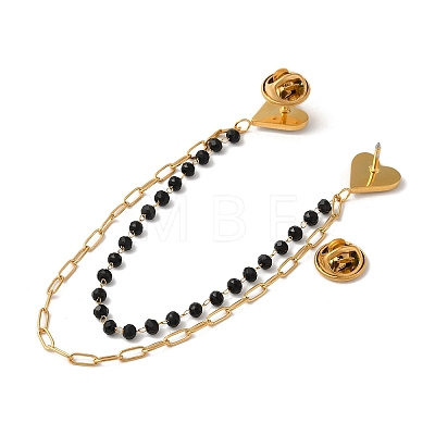 304 Stainless Steel Micro Pave Clear Cubic Zirconia & Dyed Black Stone Heart Hanging Chain Brooch JEWB-S021-06G-1