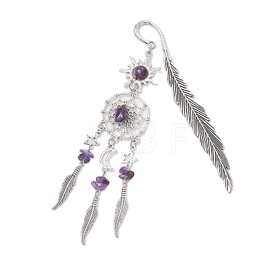 Alloy Sun & Woven Net/Web with Feather Charms Bookmarks AJEW-JK00368-02-1