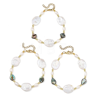 Natural Baroque Keshi Pearl Oval & Paua Shell & Freshwater Pearl Beaded Bracelets BJEW-JB14337-1