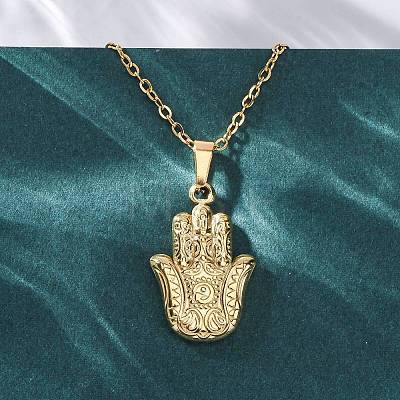 Hamsa Hand 304 Stainless Steel Pendant Necklaces NJEW-H059-01G-1