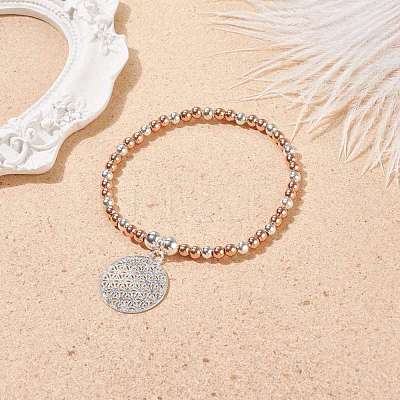 Two Tone Brass Round Beaded Stretch Bracelet with Flower Charm for Women BJEW-JB08598-1