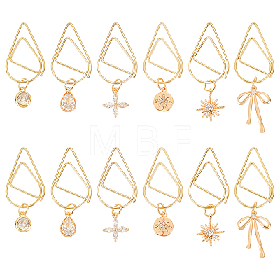 12Pcs 6 Style Flower/Snowflake/Bowknot Brass Micro Cubic Zirconia Charm Bookmarks AJEW-AB00184-1