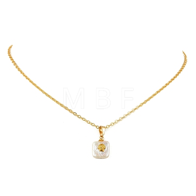 Summer Natural Baroque Keshi Pearl & Alloy Shell Slice Square Pendant Brass Cable Chain Necklaces NJEW-JN06048-1