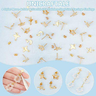 Unicraftale 32Pcs 4 Styles Moon & Star & Starfish 201 Stainless Steel Stud Earrings Findings STAS-UN0056-74-1