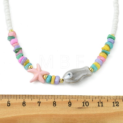 Ocean Synthetic Turquoise Starfish & Handmade Porcelain Fish & Glass Seed Beaded Necklaces for Women NJEW-JN06221-1