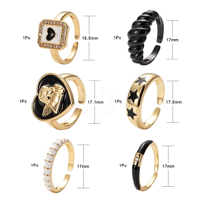 6Pcs 6 Style Golden Brass Cuff Rings RJEW-LS0001-04-1